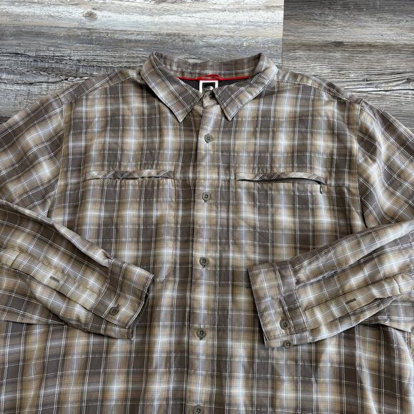The North Face Brown Tan Plaid Mens XL Mesh Button Down‎ Shirt Fishing Hiking - Picture 1 of 8